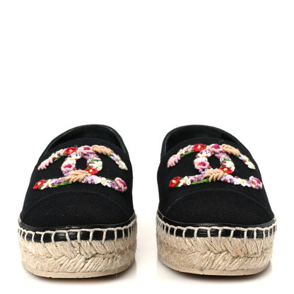 Chanel Cotton Embroidered Floral CC Espadrilles 37 Black 3 of 11