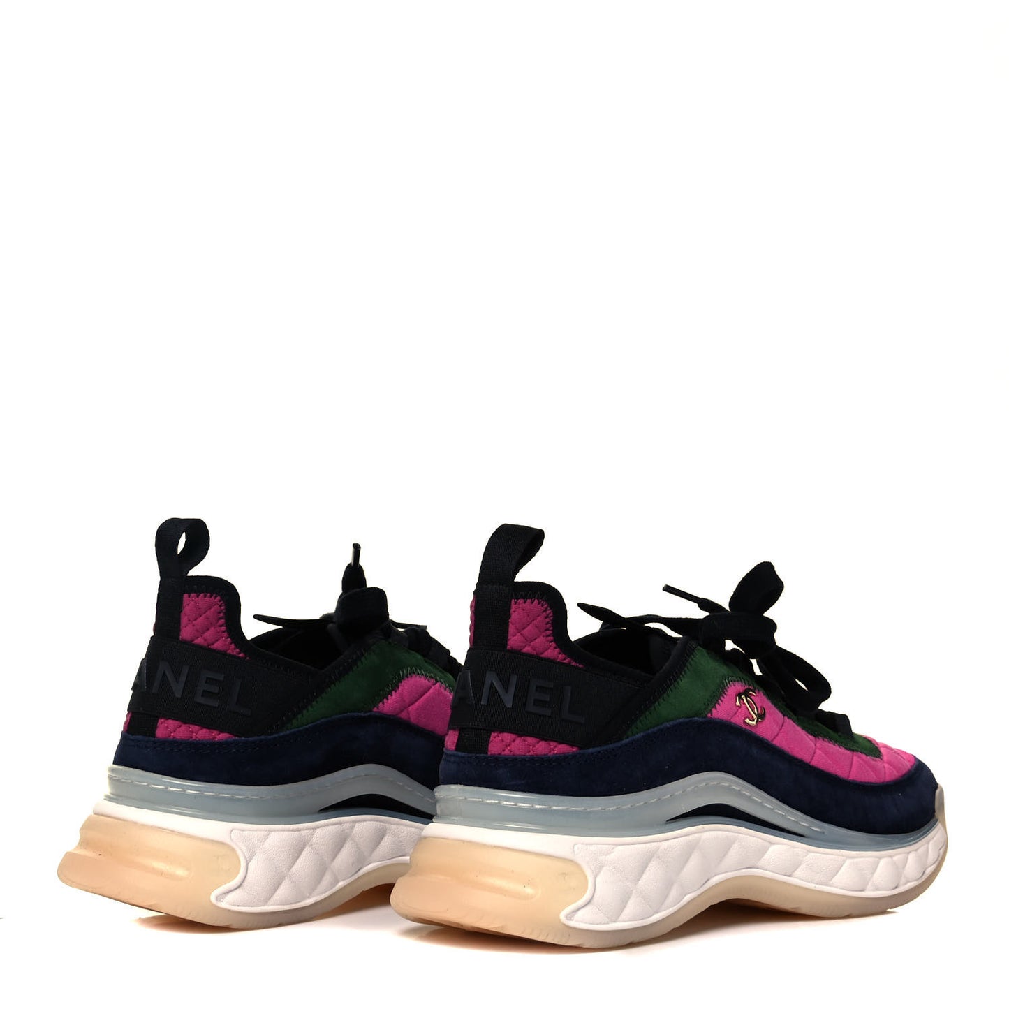 Velvet Calfskin Mixed Fibers CC Sneakers 39.5 Dark Pink Green
