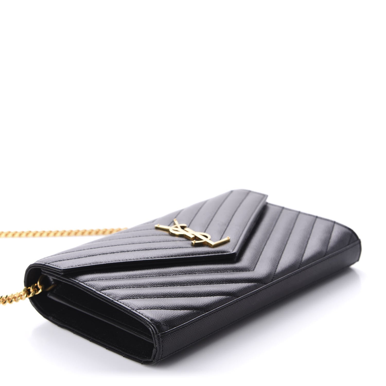 Saint Laurent Grain De Poudre Matelasse Chevron Monogram Chain Wallet Black 4 of 9