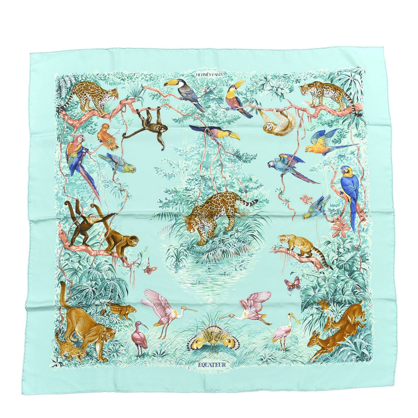 Silk Wash Equateur 90 Scarf Aqua Emeraude Fauve