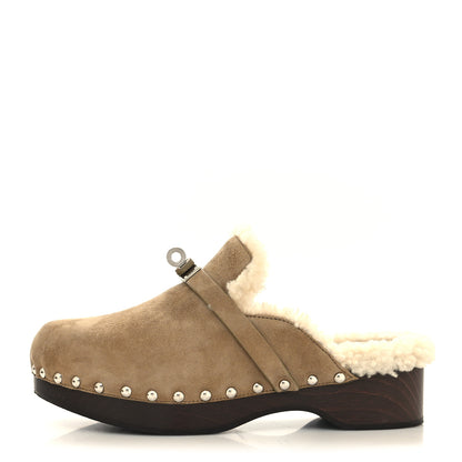 Hermes Suede Goatskin Woolskin Carlotta Mules 35 Beige Gobi 1 of 8