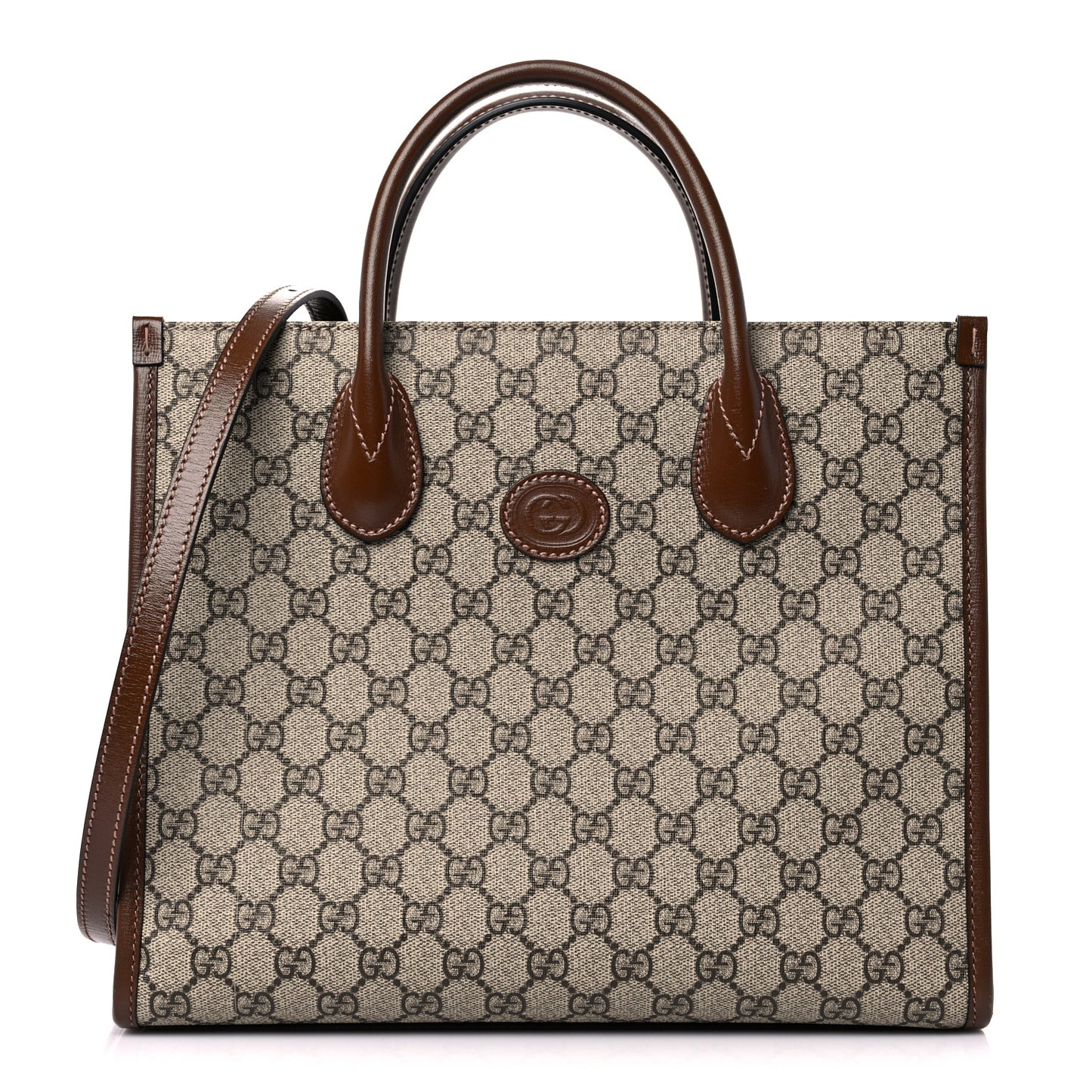 GG Supreme Monogram Azalea Calfskin Small Retro Interlocking G Tote Bag Beige Ebony Brown Sugar