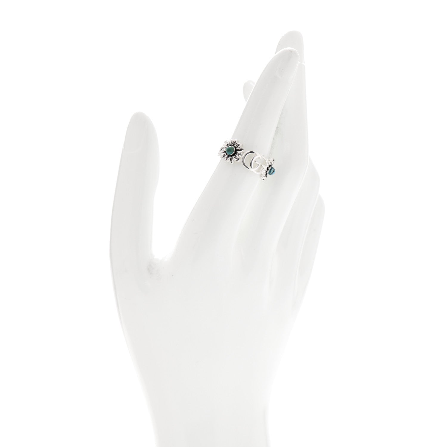 Gucci Sterling Silver Mother of Pearl Blue Topaz Flower Marmont Double G Ring 53 6.5 2 of 6