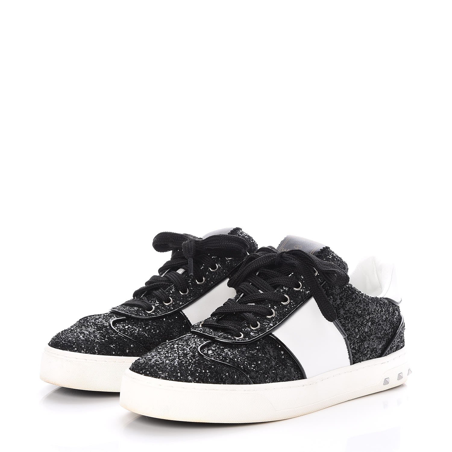 Valentino Garavani Calfskin Glitter Flycrew Sneakers 36 Black 3 of 11