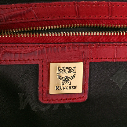 MCM Snakeskin Embossed Visetos Studded Medium Stark Backpack Red Pink 6 of 12