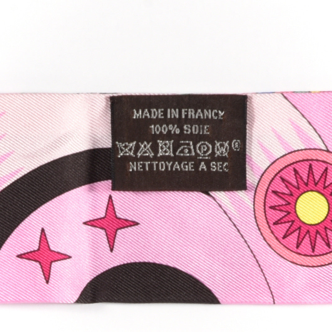 Hermes Silk La Source de Pegase Fringed Twilly Ebene Rose Vif Jaune Vif 4 of 4