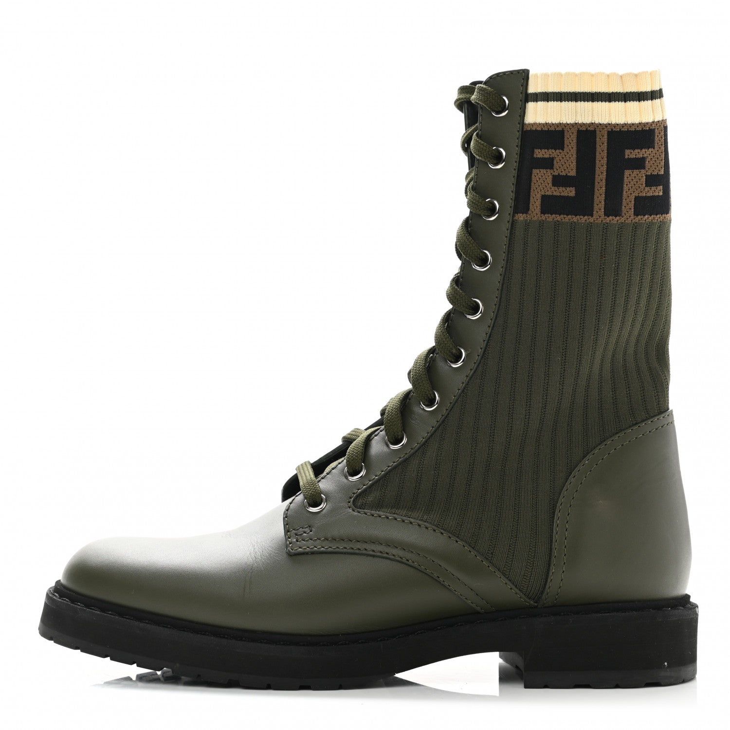Fendi Vitello Stretch Fabric FF Rockoko Biker Boots 39 Military Oliva Tobacco Black 1 of 8