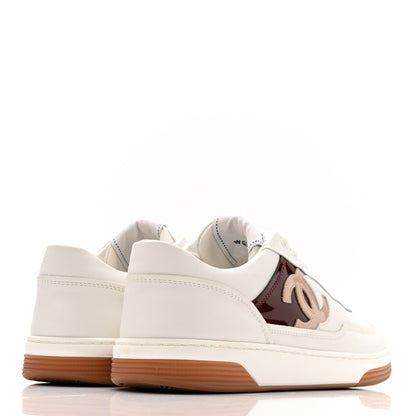 Chanel Calfskin Patent Womens CC Sneakers 37 White Burgundy Beige 5 of 10