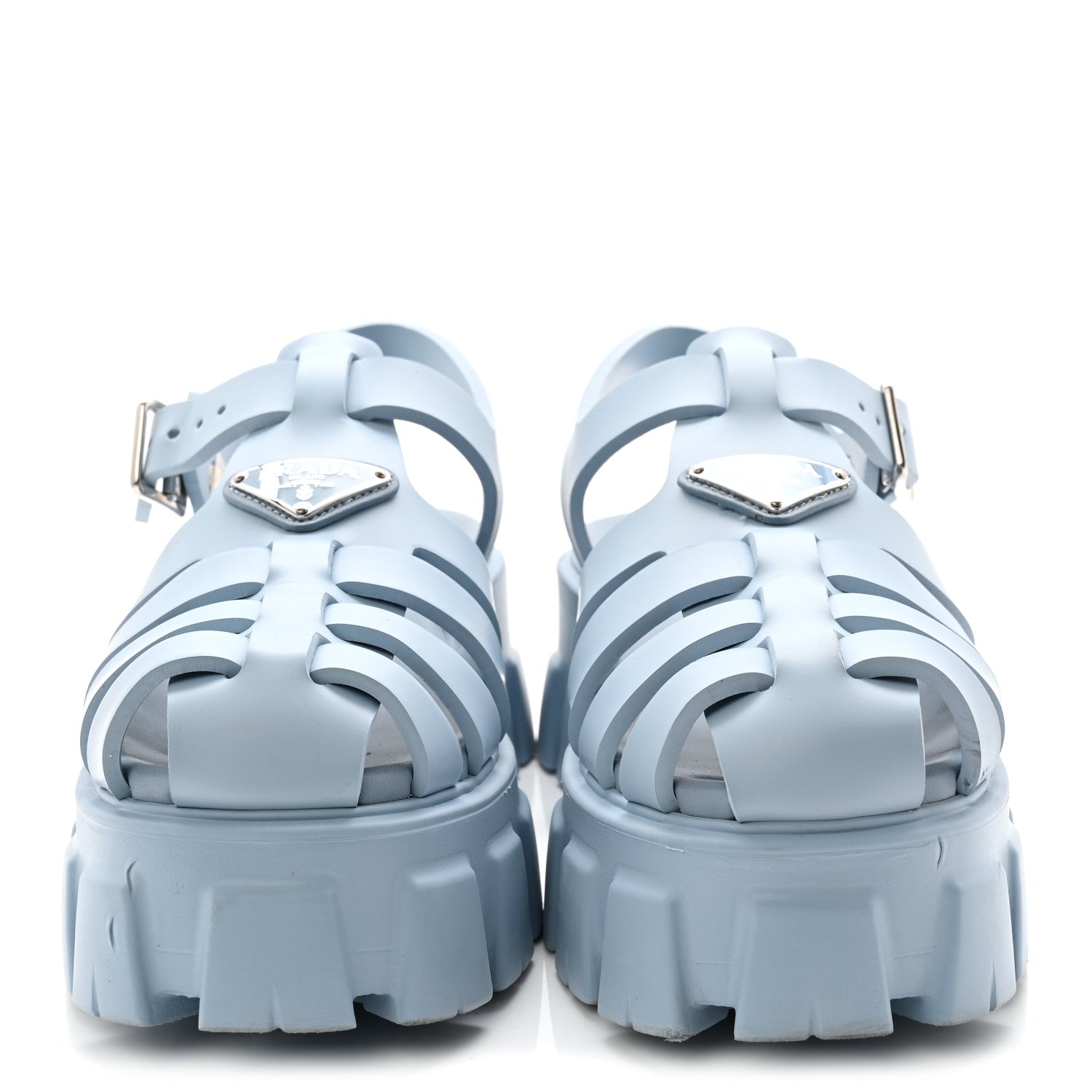Prada Foam Rubber Metal Triangle Logo Monolith 55mm Cage Sandals 39 Cielo 2 of 10