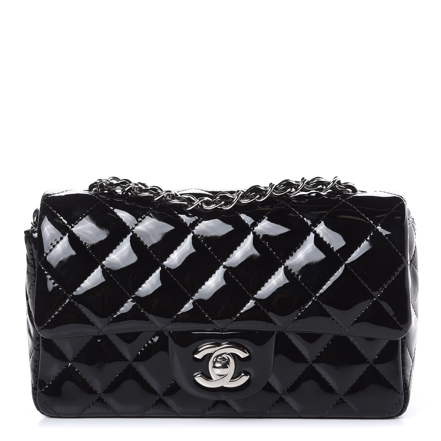 Patent Calfskin Quilted Mini Rectangular Flap Black