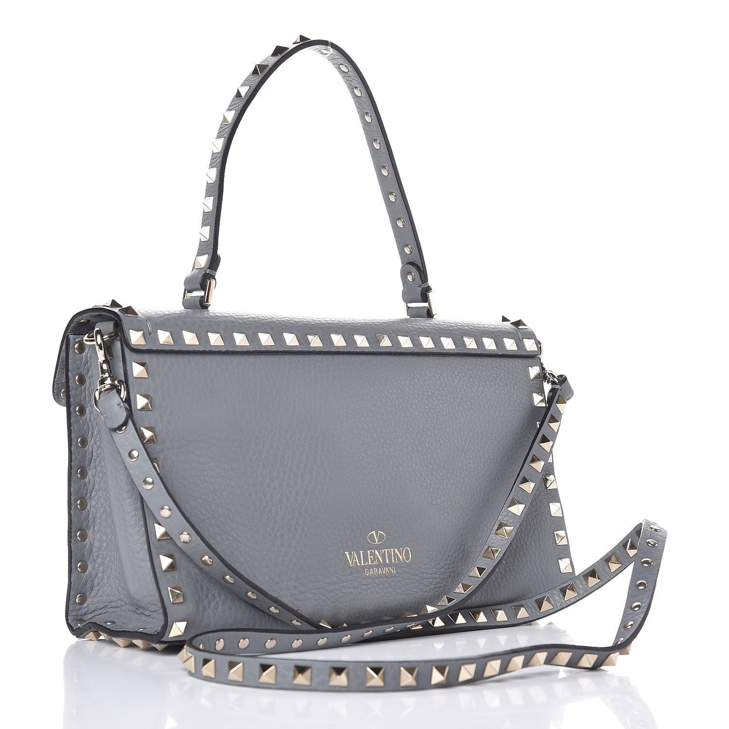 Pebbled Calfskin Small Rockstud Single Handle Flap Bag Pastel Grey