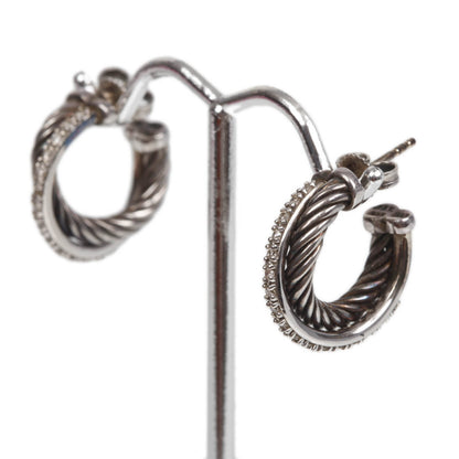 David Yurman 14k White Gold and Sterling Silver Pave Diamond Ice Crossover Diamond Hoop Earrings 3 of 7