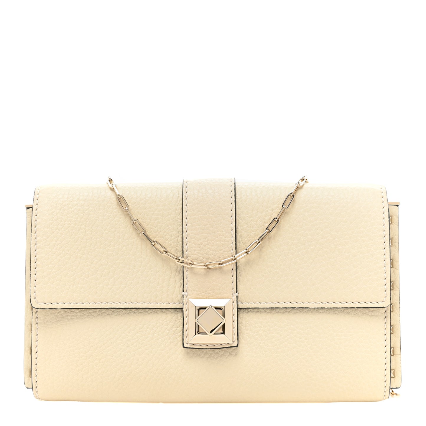 Pebbled Calfskin Rockstud Flap Chain Bag Ivory