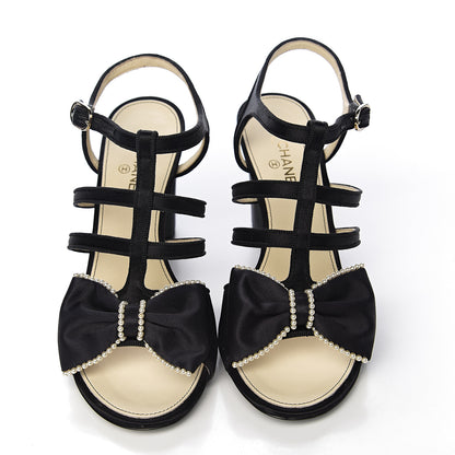 Chanel Satin Pearl Bow Sandals 37 Black 7 of 8
