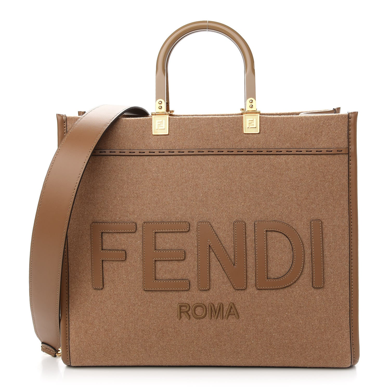 Fendi Flannel Vitello King Wool Plexiglass FF Logo Embroidered Medium Fendi Sunshine Shopper Tote Brown 1 of 8