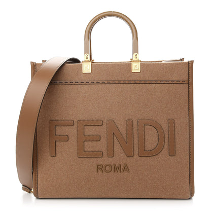 Fendi Flannel Vitello King Wool Plexiglass FF Logo Embroidered Medium Fendi Sunshine Shopper Tote Brown 1 of 8