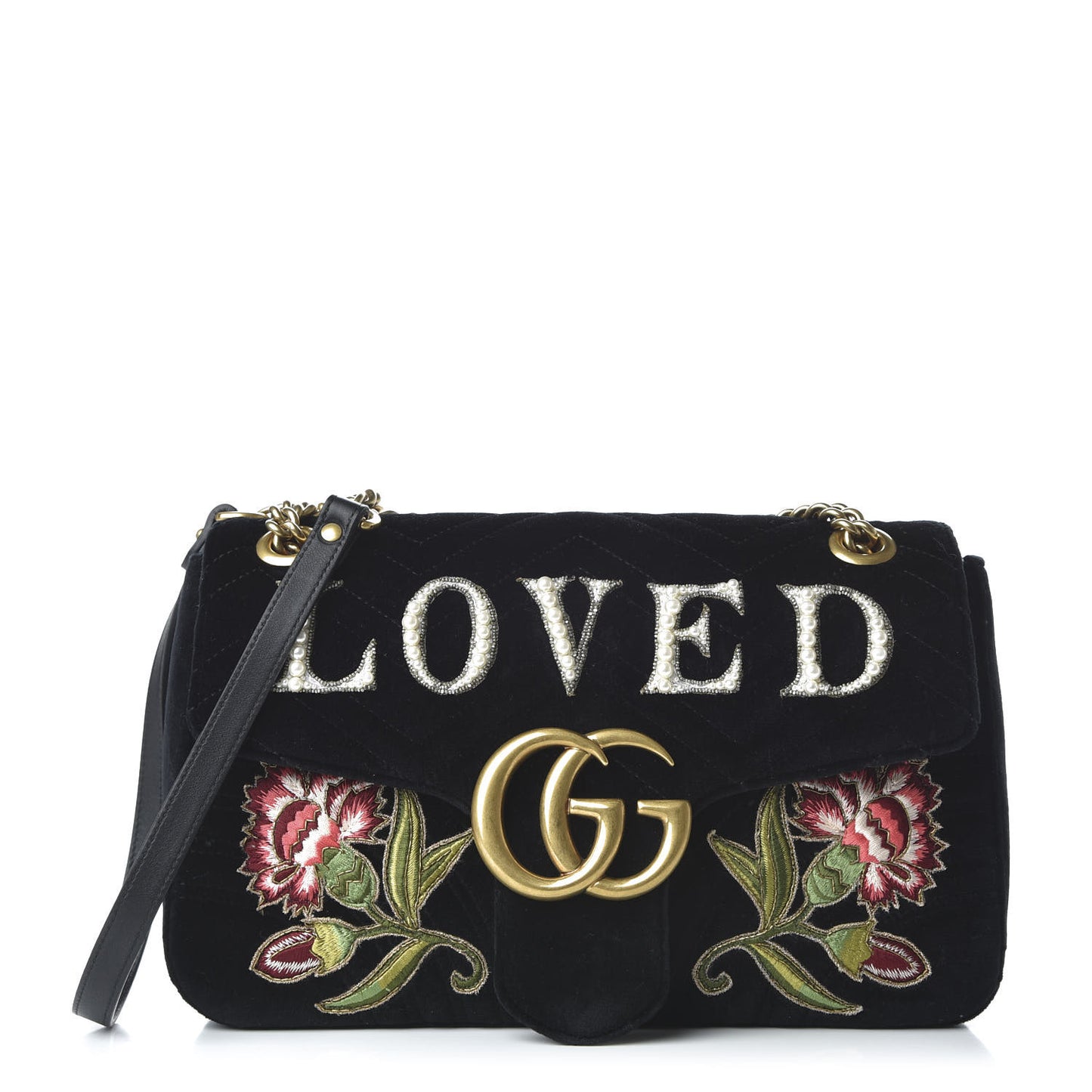 Velvet Matelasse Loved Embroidered Medium GG Marmont Shoulder Bag Black