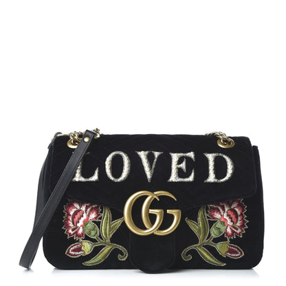 Gucci Velvet Matelasse Loved Embroidered Medium GG Marmont Shoulder Bag Black 1 of 9