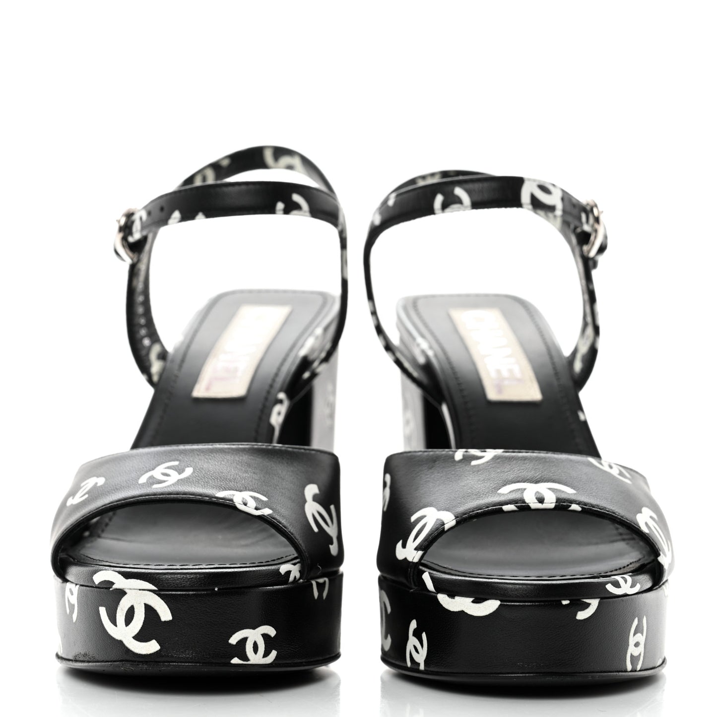 Printed Lambskin CC Platform Sandals 38 Black White