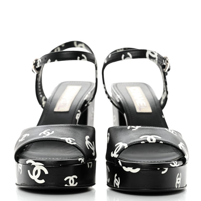 Chanel Printed Lambskin CC Platform Sandals 38 Black White 2 of 9