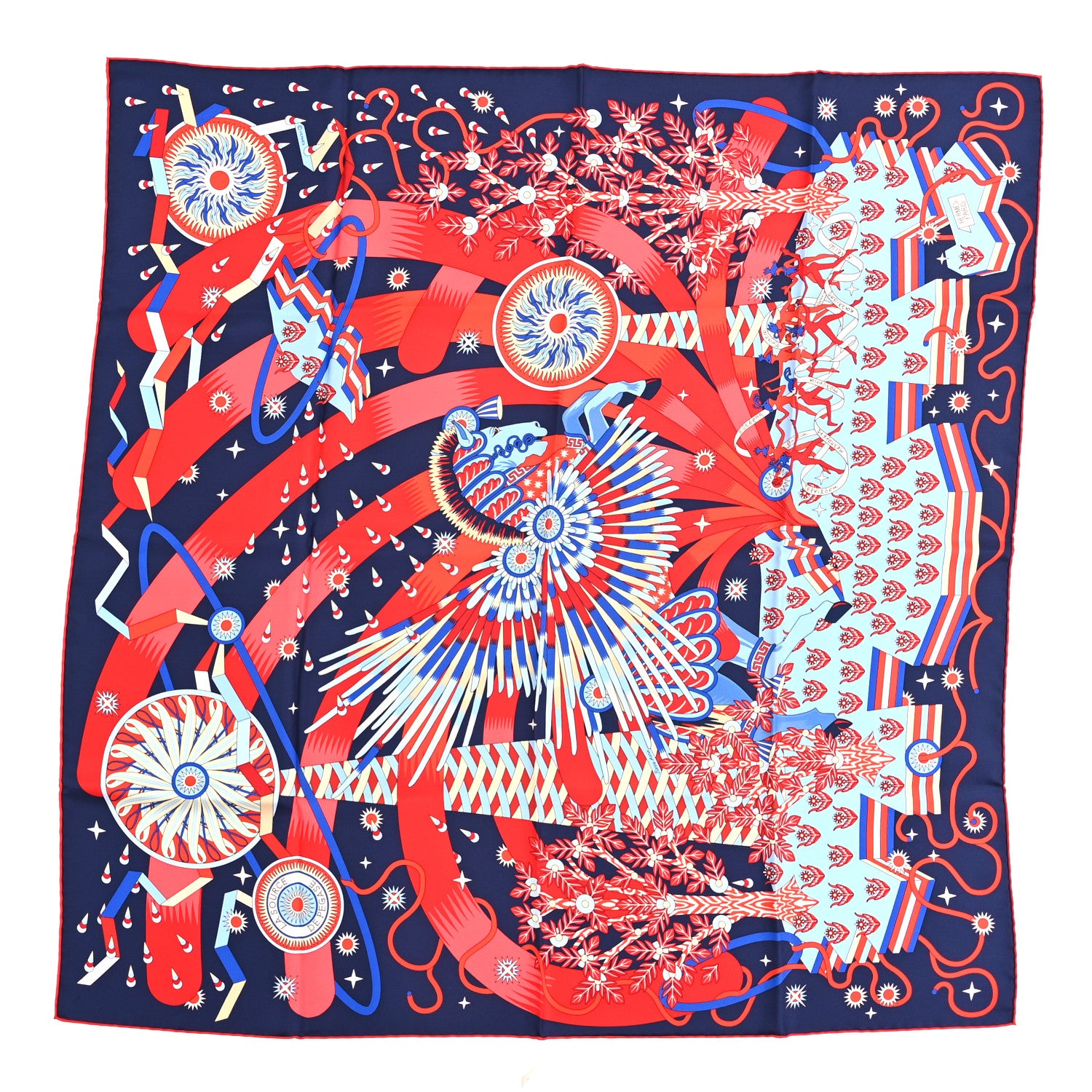 Hermes Silk La Source De Pegase Scarf 90 Marine Rouge Ciel 1 of 3