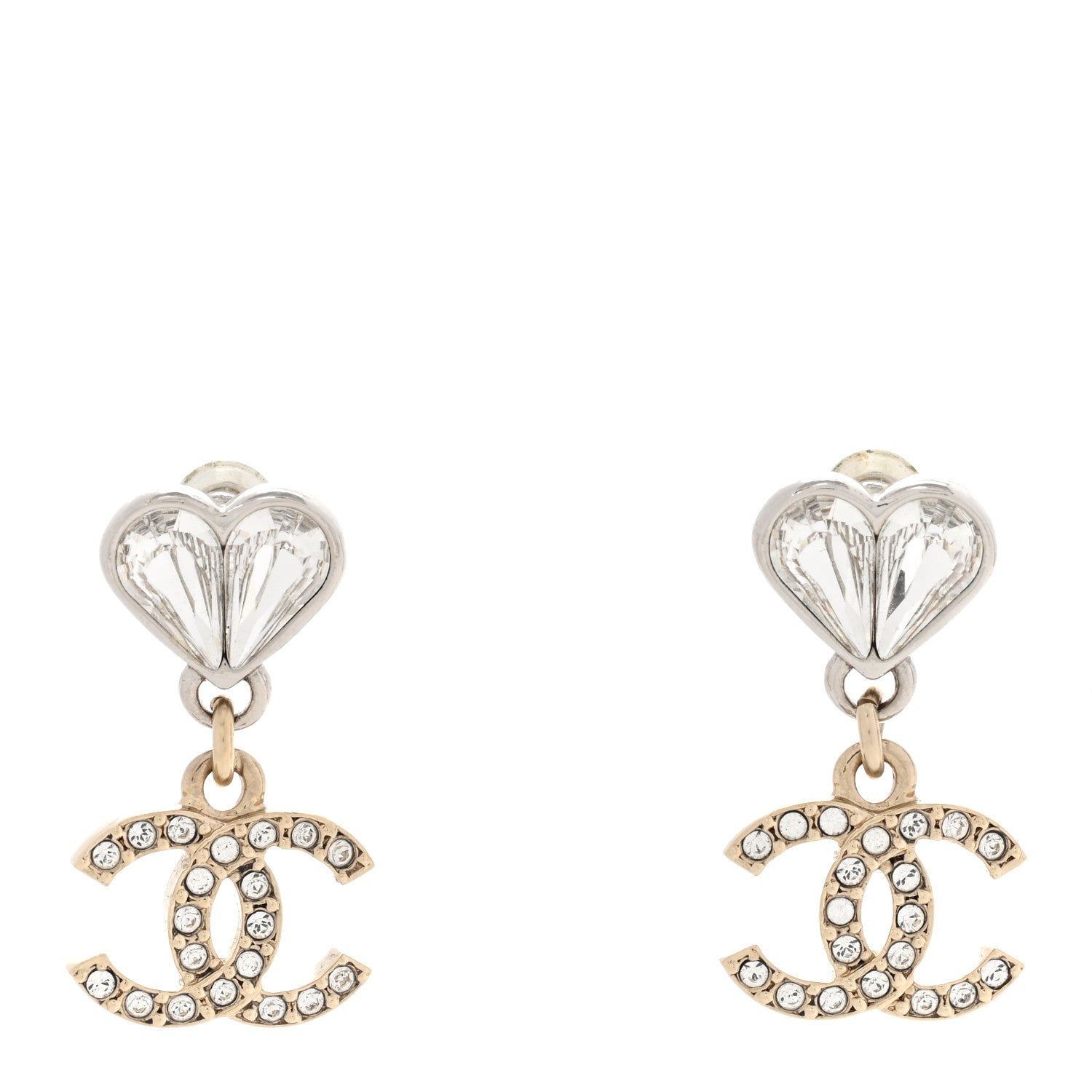 Chanel Crystal CC Heart Drop Earrings Gold Silver 1 of 4