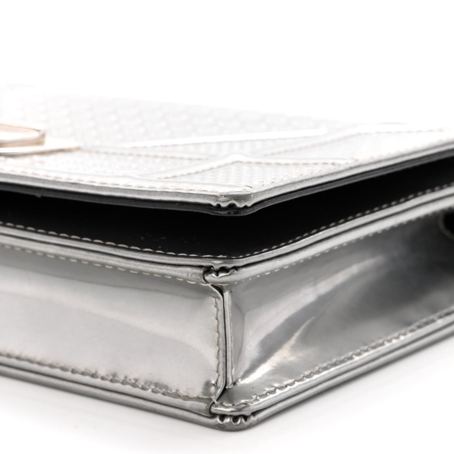 Metallic Patent Micro-Cannage Diorama Wallet on Chain Pouch Silver