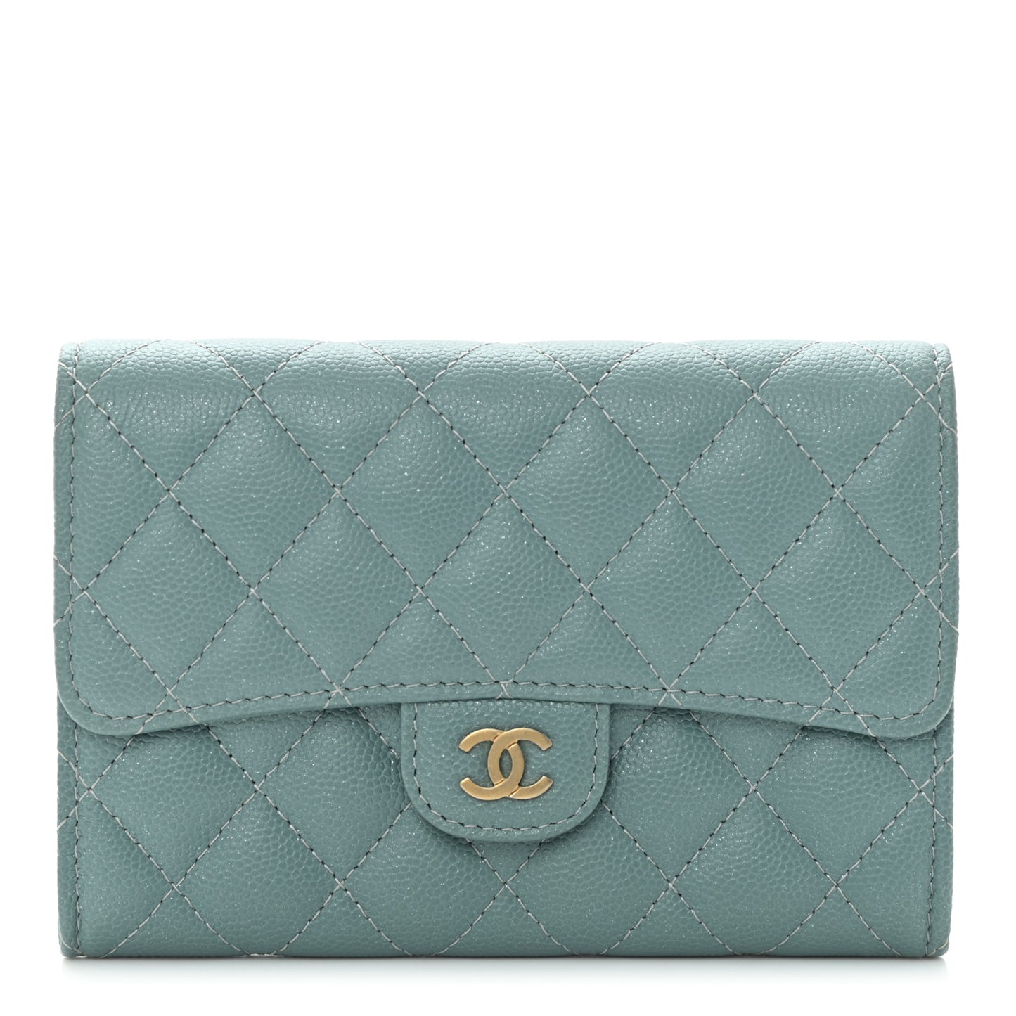 Iridescent Caviar Quilted Medium Flap Wallet Light Blue