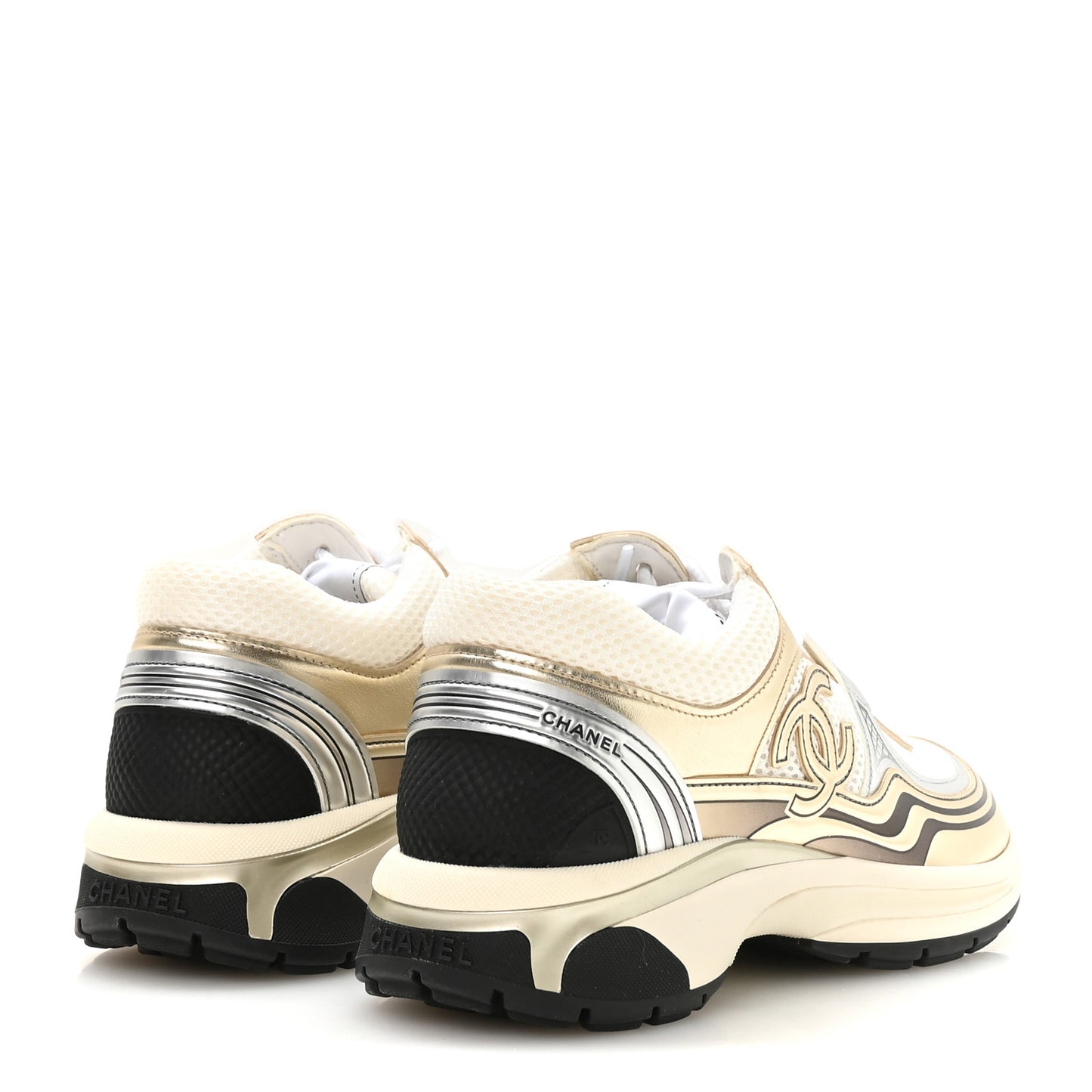 Fabric Laminated Calfskin Stretch CC Womens Sneakers 36.5 White Gold Silver
