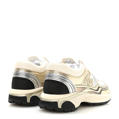 Chanel Fabric Laminated Calfskin Stretch CC Womens Sneakers 36.5 White Gold Silver 5 of 8
