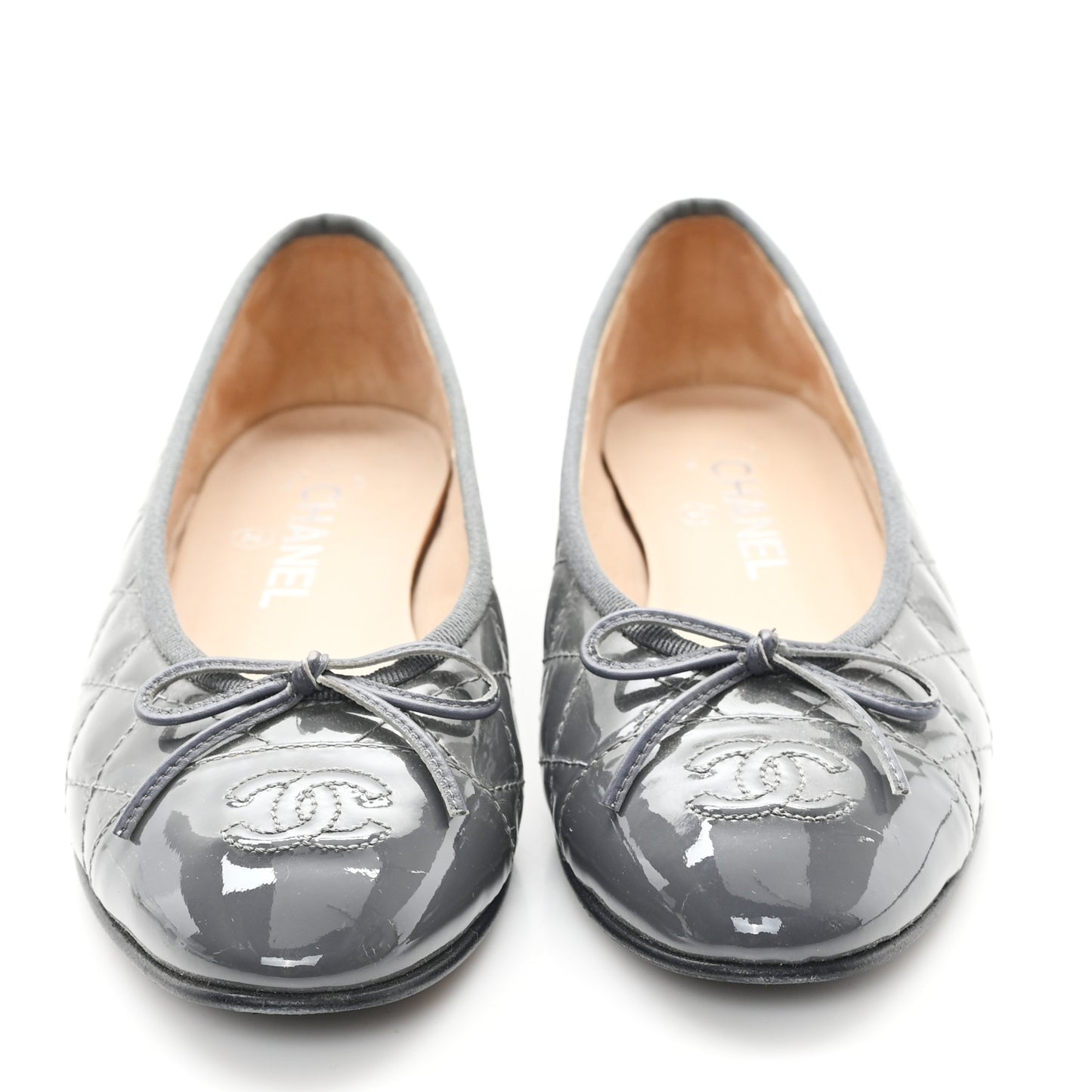 Patent Calfskin Quilted CC Cap Toe Ballerina Flats 37.5 Grey