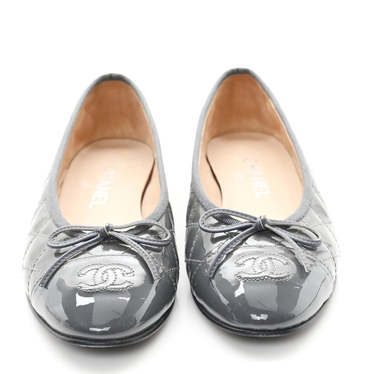 Chanel Patent Calfskin Quilted CC Cap Toe Ballerina Flats 37.5 Grey 3 of 9