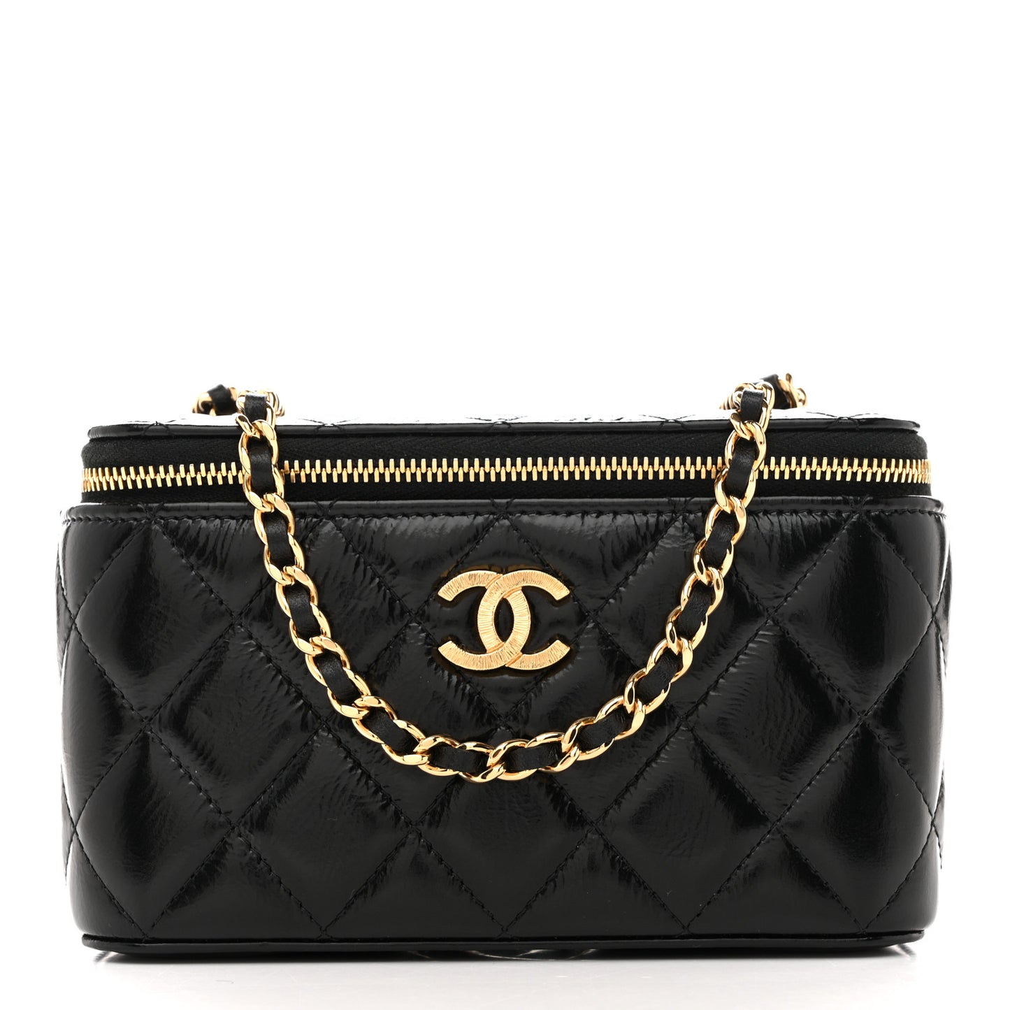 Shiny Lambskin Quilted Small Vanity Case With Chain Black