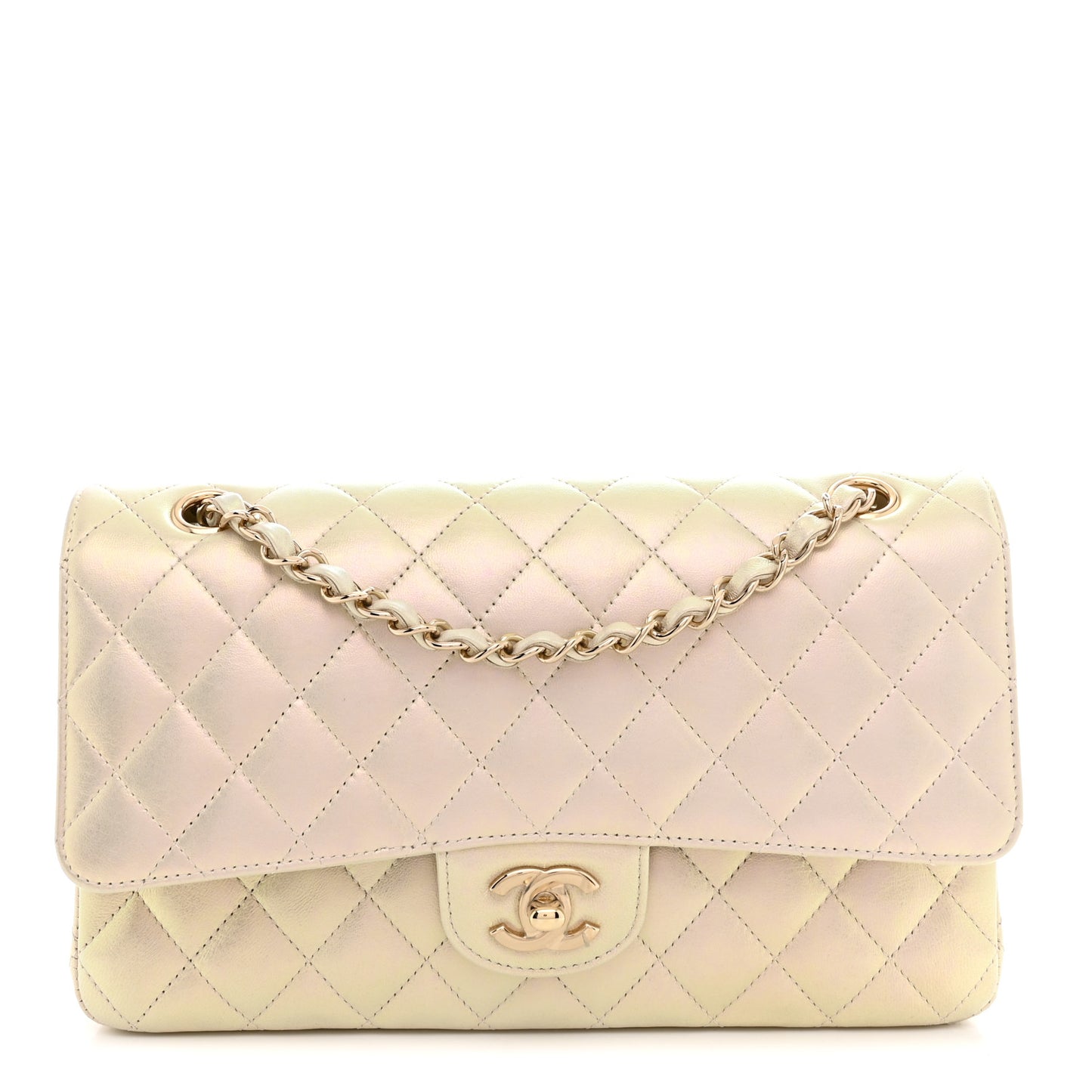 Iridescent Lambskin Quilted Medium Double Flap Ivory