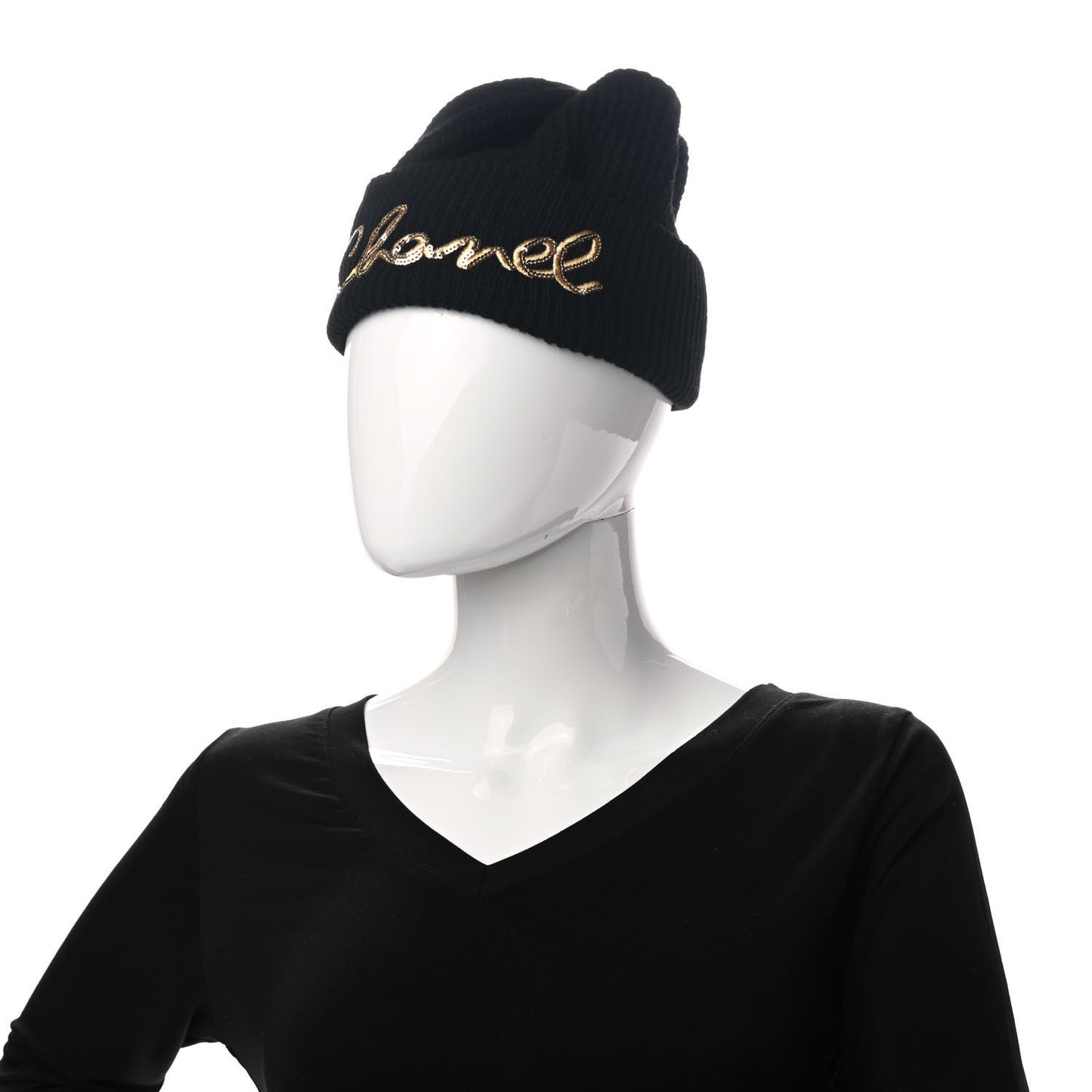 Cashmere Sequin Logo Beanie Hat Black Gold