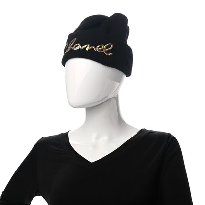 Chanel Cashmere Sequin Logo Beanie Hat Black Gold 2 of 6