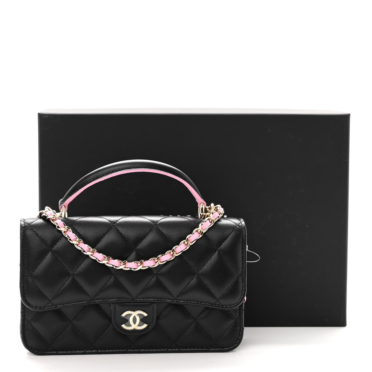Lambskin Quilted Flap Phone Holder With Chain Black Lilac