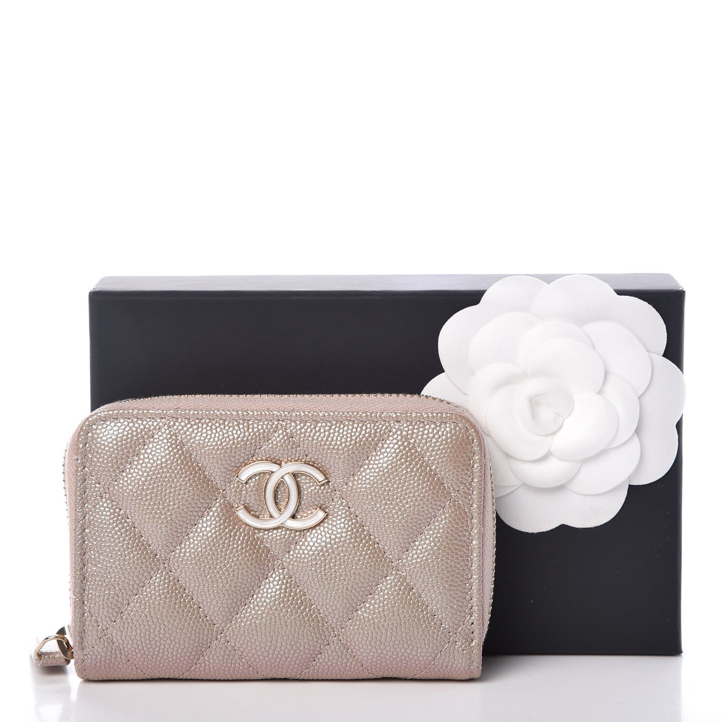 Iridescent Caviar Quilted Zip Around Coin Purse Beige