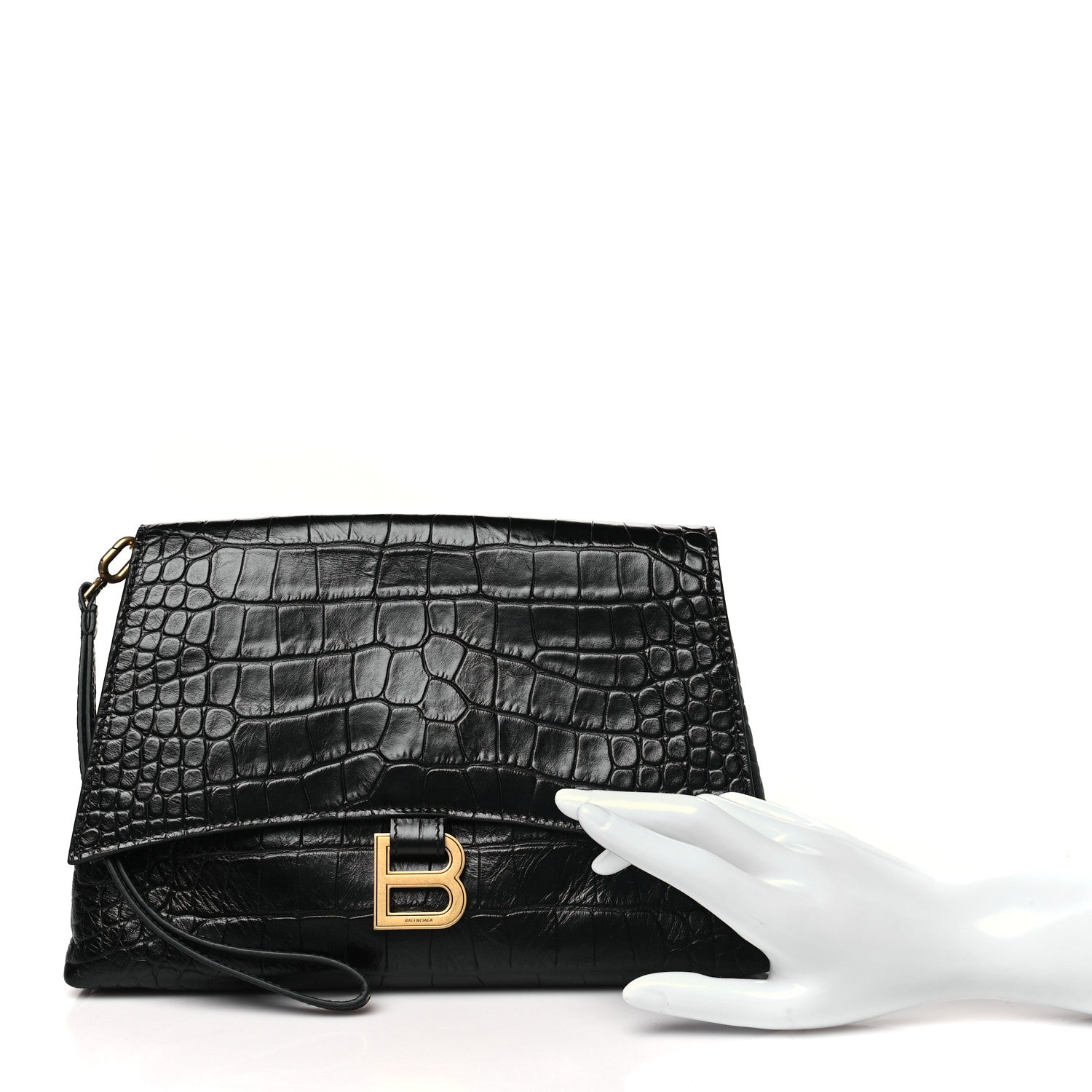 Balenciaga Calfskin Crocodile Embossed Medium Crush Pochette Clutch Black 2 of 10