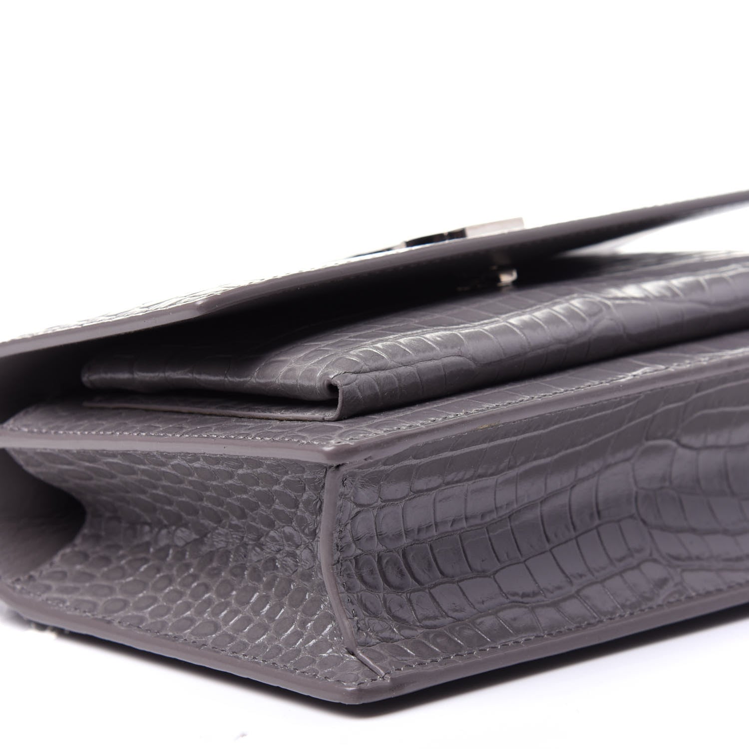 Saint Laurent Calfskin Crocodile Embossed Monogram Sunset Chain Wallet Fog 6 of 11