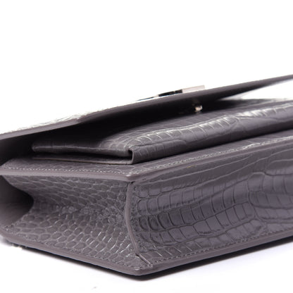 Saint Laurent Calfskin Crocodile Embossed Monogram Sunset Chain Wallet Fog 6 of 11