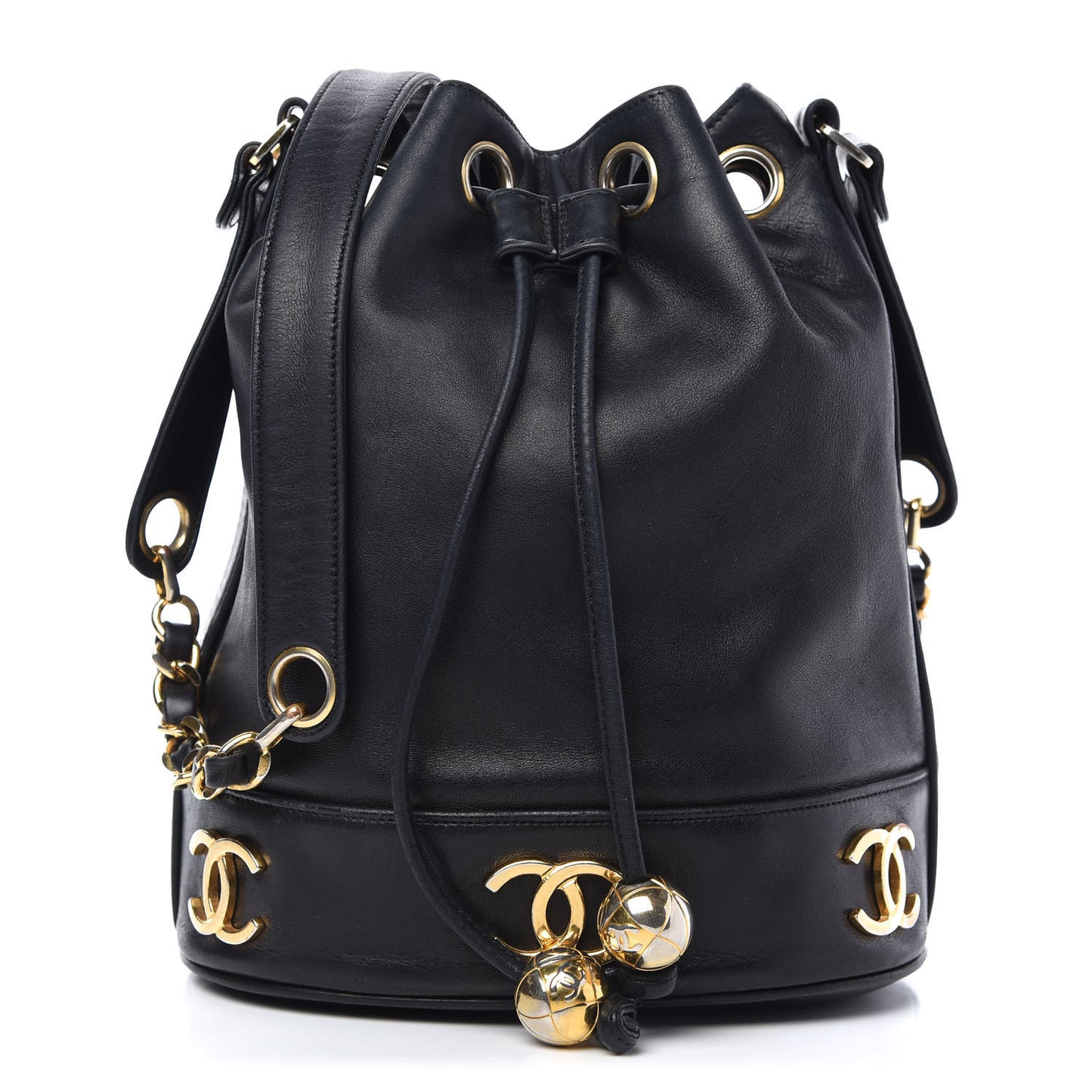 Lambskin Drawstring Bucket Bag Black