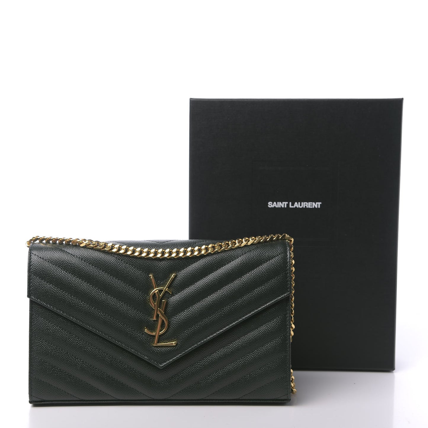 Grain De Poudre Matelasse Chevron Monogram Chain Wallet Dark Green