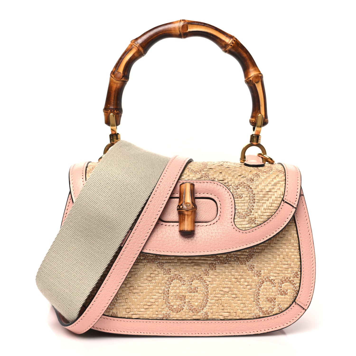 Gucci Raffia Textured Dollar Calfskin GG Monogram Small Bamboo 1947 Top Handle Bag Wild Rose Natural 1 of 10