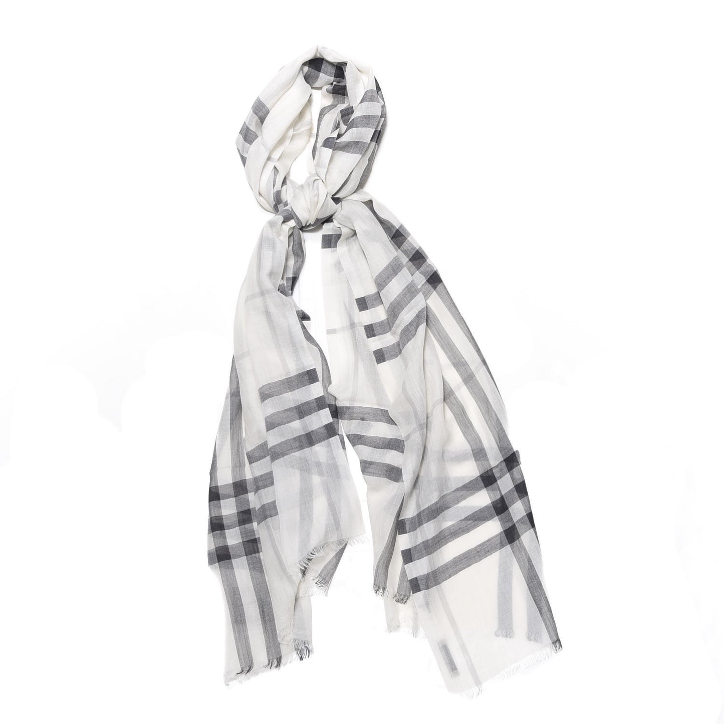 Wool Silk Gauze Giant Check Lightweight Scarf Natural White