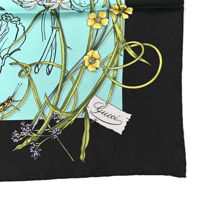 Gucci Silk Twill Flora Infinity Chrissy Square Scarf Turquoise Blue Black 2 of 5