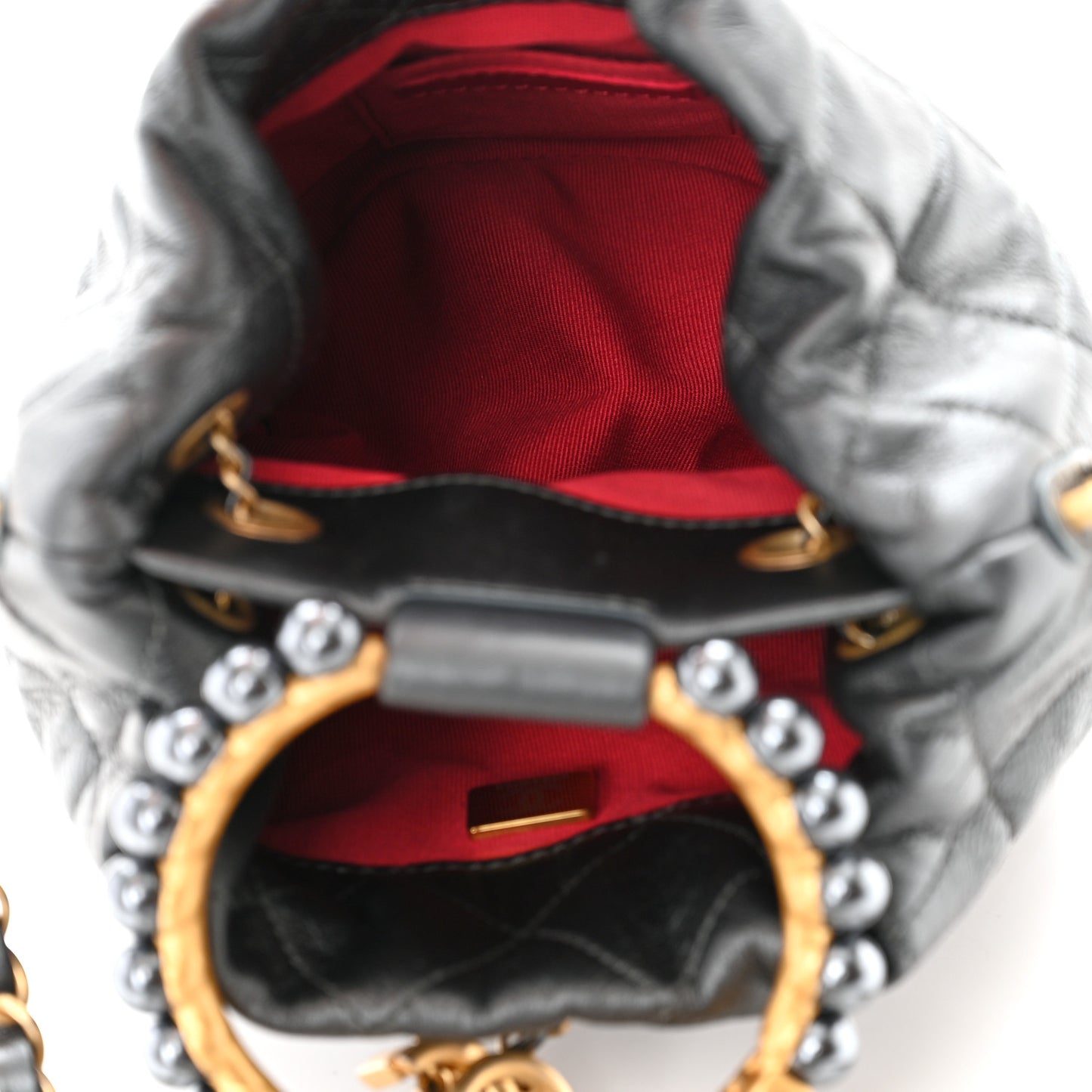 Metallic Lambskin Quilted Pearl Crown Drawstring Bag Anthracite