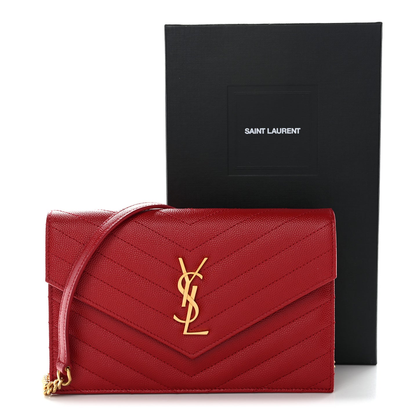 Grain De Poudre Matelasse Chevron Monogram Envelope Chain Wallet New Red