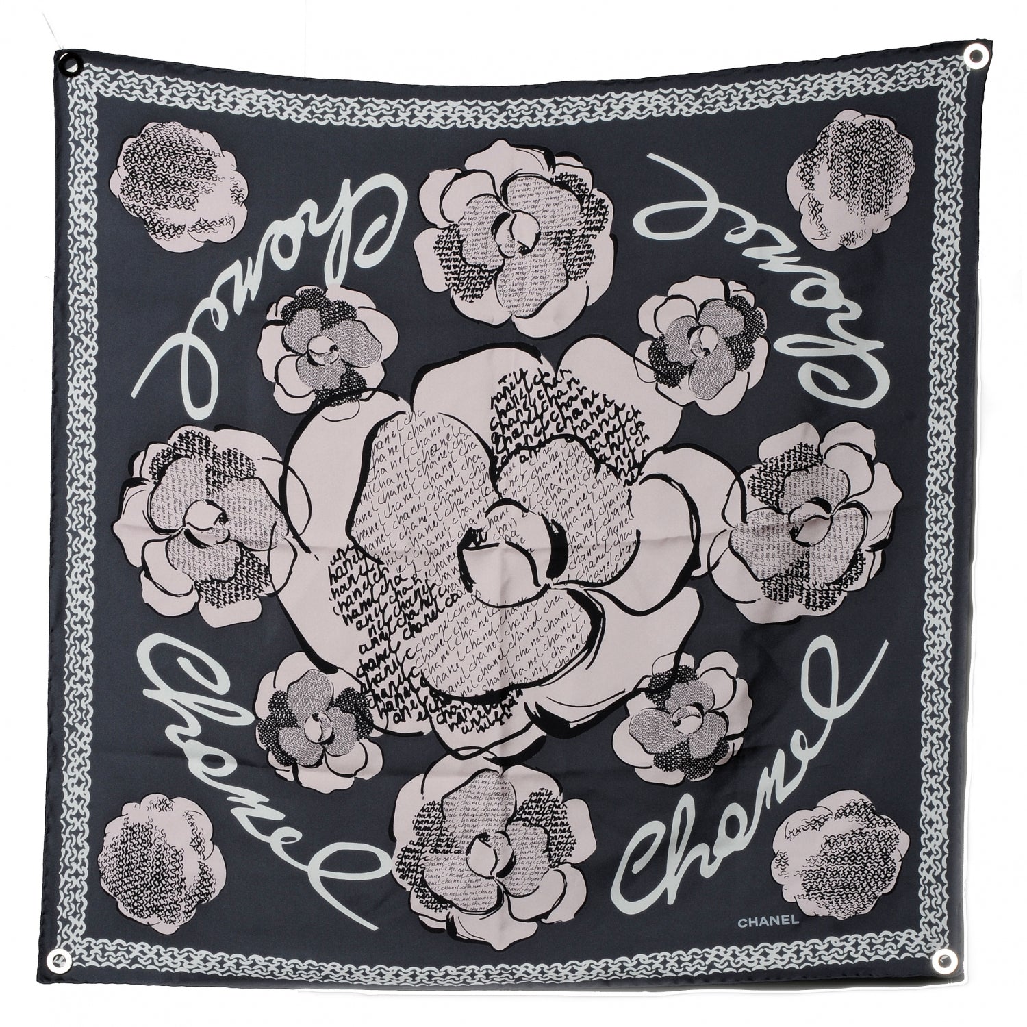 Chanel Silk Camellia Flower Scarf Pink Grey 2 of 8