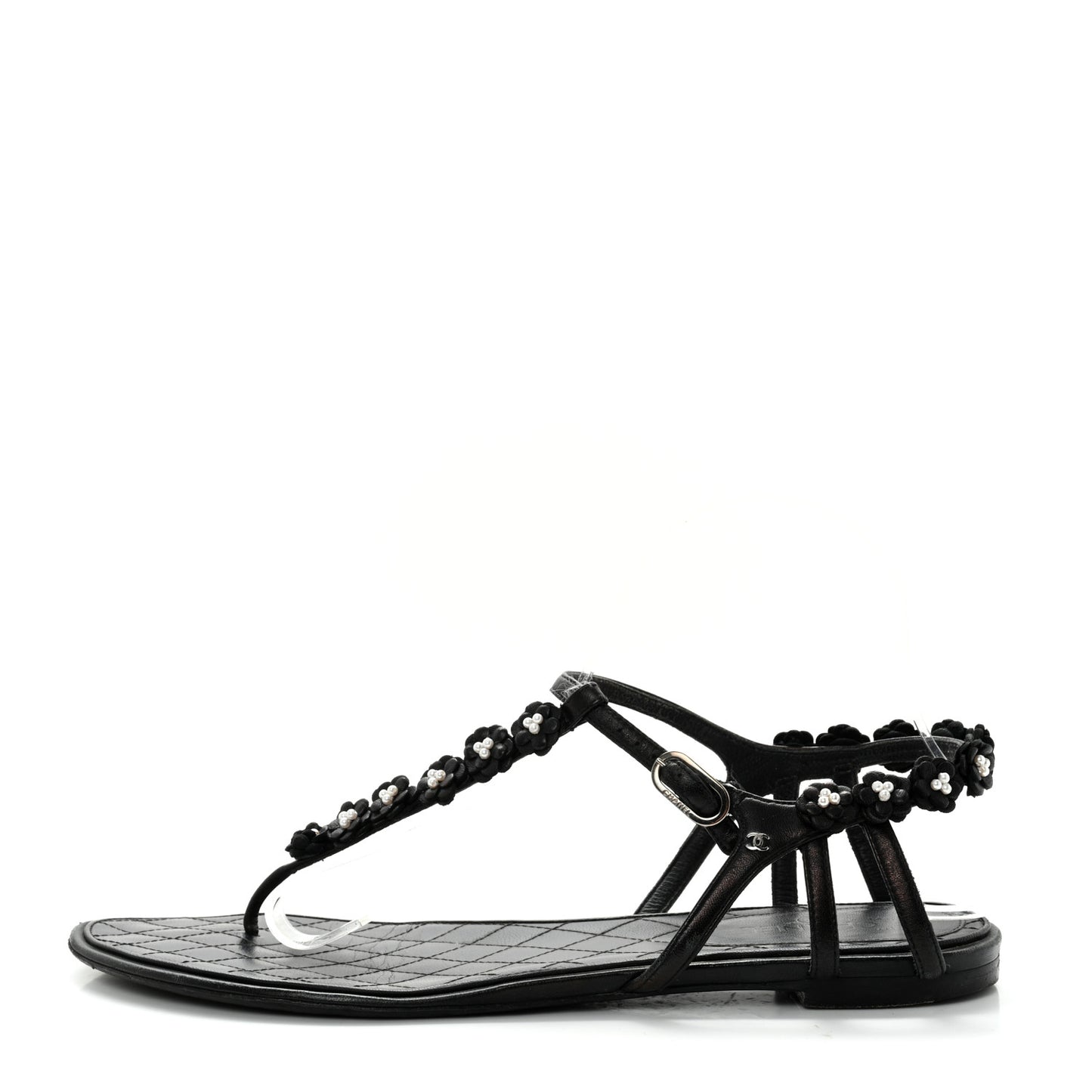Lambskin Pearl Camellia Thong Sandals 41.5 Black
